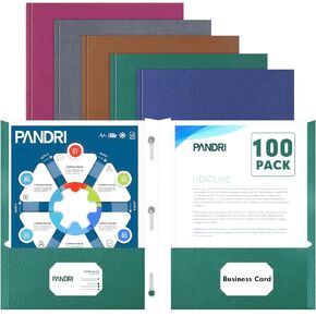 Two Pocket Folders, PANDRI 100 Pack Two Pocket Folders with Prongs, Designed for Office and Classroom, Assorted 5 Colors 2 Pocket 3 Prong Folders