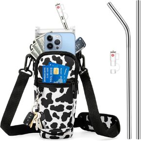 Carrier Bag for 40oz Stanley Cup with Phone Pocket, Water Bottle Holder Neoprene with Adjustable Strap 2 pcs & Straw Cover & Straw Caps for Stanley Cup Accessories