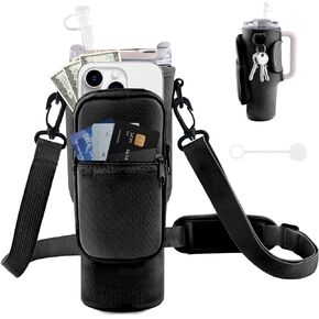JEBEALUO Water Bottle Carrier Bag with Phone Pocket for Stanley Cup 40 oz, Water Bottle Holder with Adjustable Strap& Straw Cover, Stanley Cup Accessories