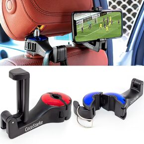 2 in 1 car headrest Hidden Hook with Cell Phone Holder, Car Back Seat Hook Universal for Purses and Bags 360° Rotation Adjustable Hanger Rear Hook for Car Seats Red &Blue