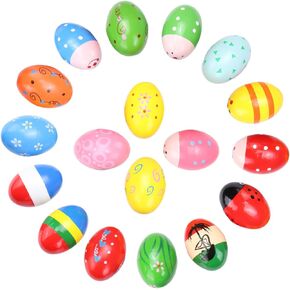 Wooden Colorful egg shaker for children's Hand Percussion Shakers instruments pieces random patterns Easter Halloween props (Multicolour 18 PCS)
