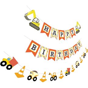 Construction Birthday Banner | Bday Sign Bunting Garland | Truck Excavator Party Decoration for Boy