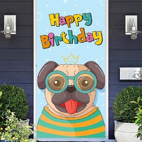 Pug with Crown Happy Birthday Banner Backdrop Cute Dog Puppy Animals Paw Theme Decorations Decor for Dor Porch Boys Girls Dog Owner Birthday Party Pet Party Supplies Photo Booth Props Background