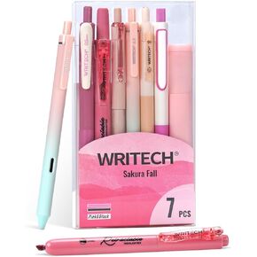 WRITECH Gel Pens Journaling Highlighters: Journal Set Aesthetic Assorted Pastel Color Ink 0.5mm Fine Point Retractable 0.7mm Black Pen Smooth Writing Drawing No Bleed 7ct (Purple)