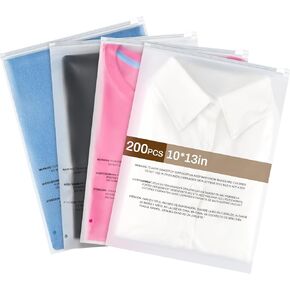 200 Count 10 x 13 Inch Large Self Seal Frosted Zipper Plastic Bags Clothes Packaging Bags for Shipping with Suffocation Warning for Clothing T Shirts Skirt Sweater, 4 Mil