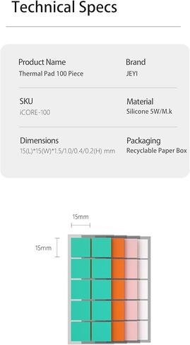 JEYI 100 قطعة مقطوعة مسبقًا 0.6 × 0.6 بوصة (15 × 15 مم) وسادة حرارية من السيليكون بسمك 0.2 0.4 1.0 1.5 مم سمك وسادة سيليكون موصلة حرارية قابلة لإعادة الاستخدام لوحدة المعالجة المركزية GPU SSD أو أي PCB (ألوان متنوعة وسمك) in Kuwait