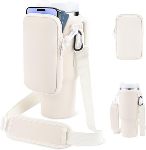 Herseme Water Bottle Tumbler Carrier Bag with Phone Pocket for Stanley, 40oz Tumbler Holder Simple with Adjustable Strap Modern Neoprene for Quencher Cup Accessories Travel, Light Green in Kuwait