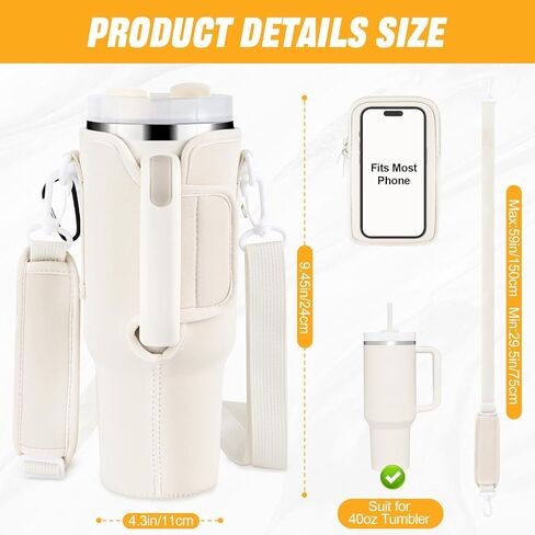 Herseme Water Bottle Tumbler Carrier Bag with Phone Pocket for Stanley, 40oz Tumbler Holder Simple with Adjustable Strap Modern Neoprene for Quencher Cup Accessories Travel, Light Green in Kuwait