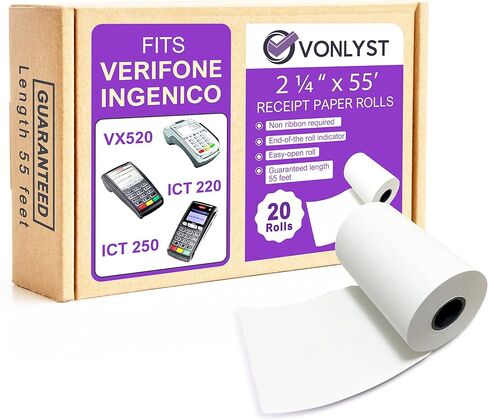 رول ورق حراري 2 1/4 × 55 لجهاز فيريفون Vx520 Ingenico ICT220 ICT250 FD400 (10 لفات) in Kuwait