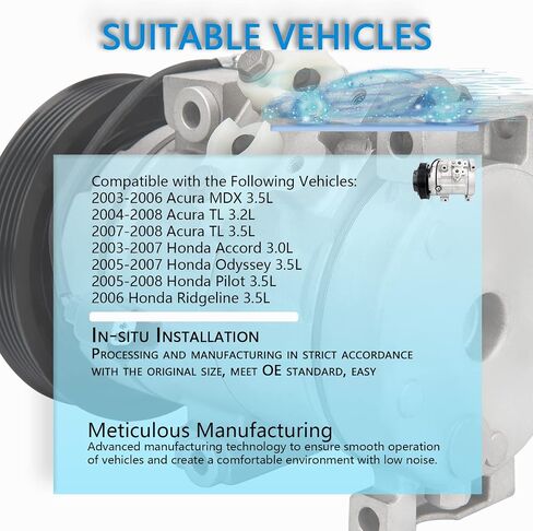 AC Compressor fit for 2005-2007 Honda Odyssey,2003-2007 Accord 3.0L,2005-2008 Pilot,2006 Ridgeline,2003-2006 Acura MDX 3.5L, 2004-2008 Acura TL # 38810RCAA01,CO 10736C Air Conditioning Compressor in Saudi Arabia
