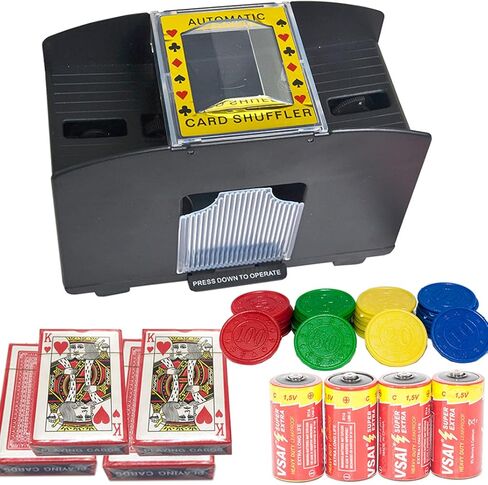 MrCarbon Automatic 4-Deck Card Shuffler, with 4 Batteries ＆ 4 Decks Regular Poker ＆ 32 Poker Chips,Battery Operated Shuffler for Home Party Card Game, Travel, UNO, Poker Cards,Skip-Bo in Kuwait