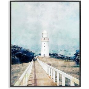 Stupell Industries White Lighthouse Boardwalk Rocky Cliff المناظر الطبيعية الساحلية المياه السوداء مؤطرة جدار الفن، 24x30، الأزرق