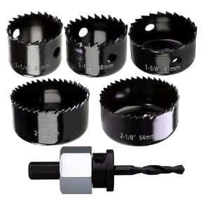 1-1/4, 1-1/2, 1-5/8, 2, 2-1/8" Carbon Steel Hole Saw Set with 1 Mandrel for Soft Wood PVC Panel Plastic, MDF
