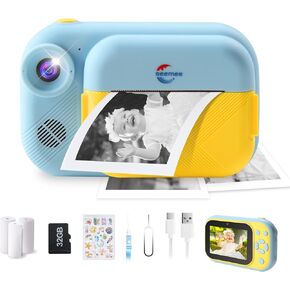 Seemee Instant Print Camera for Boys, Selfie Instant Camera with 3.5" Screen, 32G Card, 3 Rolls Print Papers, Stickers, Cute Camera Birthday Gifts Toys (Blue)