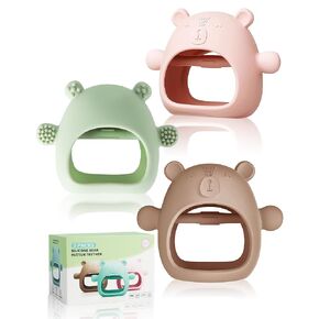 Baby Teething Toy for 0-6 Months,3 Packs Baby teether,Food Grade Silicone Bear Teething Mittens for Sucking Needs Sensory Exploration, BPA Free