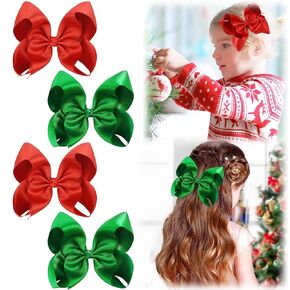 Yxiang 4PCS Christmas Hair Bows, 5.5in Big Grosgrain Ribbon Bowknot Alligator Clips for Girls, Red Green Glitter Xmas Hair Bows for Christmas Party