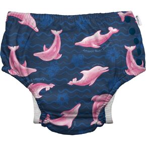 i play. by green sprouts Reusable, Eco Snap Swim Diaper with Gussets, UPF 50, Patented Design, STANDARD 100 by OEKO-TEX Certified - Navy Amazon River Dolphin - 3T