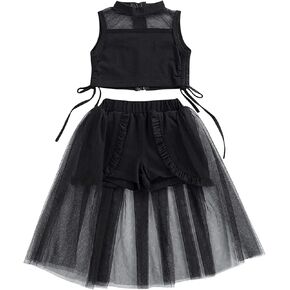 Toddler Girls Sleeveless Mesh Crop Tops + Maxi Black Ruffled Tulle Skirts Dress Summer Kids Clothing Sets