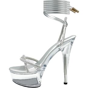 Women's Rhinestones Strap Clear Platform Stiletto Heels Sparkly Tie Up Strappy Sandals