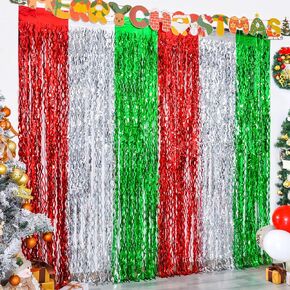 LOLStar 3 Pack Christmas Foil Fringe Curtains Christmas Party Decoration 3.3X6.6 ft Red Silver Green Wavy Tinsel Fringe Party Photo Backdrop Streamer Backdrop for Christmas,New Year,Ugly Sweater Party