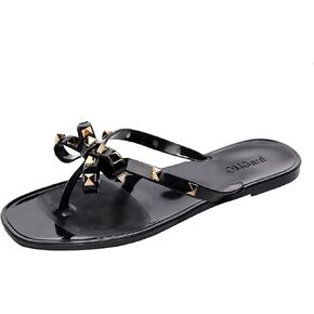 Womens Studded Sandals Bow Flip Flops Jelly Shoes Womens Beige Jellies Flat Size 7, Summer Beach Thong Slides with Rivets Dressy Slippers Slip On