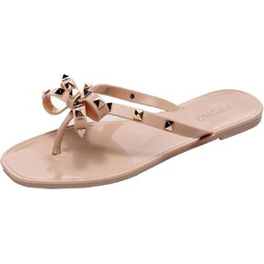 Womens Studded Sandals Bow Flip Flops Jelly Shoes Womens Beige Jellies Flat Size 7, Summer Beach Thong Slides with Rivets Dressy Slippers Slip On