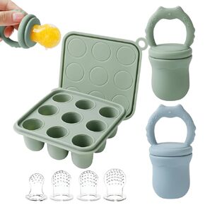 Baby Fruit Food Feeder Teether & Baby Food Freezer Tray Combo, Teething Popsicle Molds for Babies 3-6, 12 Months, Food Feeder for Infant Self Feeding, Food Storage Containers Freezer(Sage)