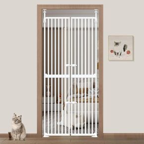 71 inch Extra Tall Pet Gates for Cats, 34"-37" Wide Cat Safety Gate, Adjustable High Pet Barrier Gate for Doorways Stairs Hallways Indoor, Auto-Close Gate with Double Pet Door No Climb Cat Proof Gate