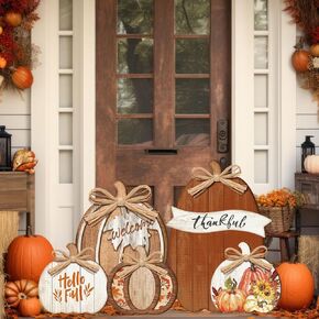 5 Pcs Fall Decorations for Home Large Thanksgiving Outdoor Wood Pumpkin Porch Standing Fall Decor Thanksgiving Decorations Welcome Pumpkin Sign for Home Front Door Kitchen Garden(Blue Pumpkin)