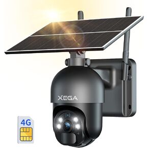 Xega 4G LTE Cellular Security Camera Outdoor Solar Camera Wireless, 2K HD Color Night Vision PTZ 360° View, Smart PIR Motion Detection, 2-Way Talk, No WiFi, IP66, Built-in SIM Card