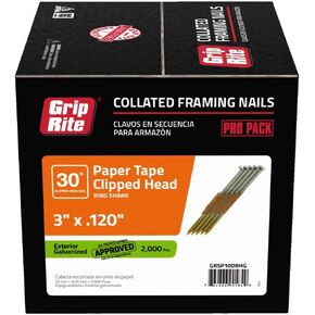 Grip-Rite GRSP10DRHG Short Clipped Head 3-Inch by .120-Inch by 30 Degree Paper Tape Collated Vinyl Coated Hot Dip Galvanized Framing Nail (2,000 per Box)