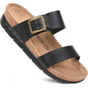 AEROTHOTIC Genuine Leather Slides for Women with Arch Support Comfortable Adjustable Buckle Double Straps with Memory Foam Footbed Slip On Cork Sandals