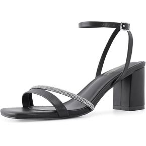 Rhinestone Strappy Heels for Women Square Toe Chunky Block Heels Ankle Buckle Heeled Sandals