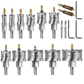 (16-64mm) TCT Carbide Hole Saw Kit for Hard Metal, 11Pcs Hole Cutters with 4Pcs Extra Pilot Drill bits and 3Pcs Hex Keys for Stainless Steel, Iron,Aluminum,Alloy,Metal