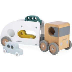 Janod - Bolid Solid Wood Car Carrier - Removable Trailer - 3 Cars Included - Imagination and Fine Motor Skills - Water-Based Paints - 2 Years + J04637