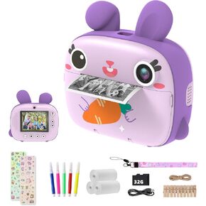 Instant Camera for Kids, 2.5K Kids Camera Instant Print with No Ink Print Paper & 32G Card,Selfie Digital Camera & 1080P Video Camera, Toy Gift for Girls Boys 3-12 (Purple)