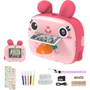 Instant Camera for Kids, 2.5K Kids Camera Instant Print with No Ink Print Paper & 32G Card,Selfie Digital Camera & 1080P Video Camera, Toy Gift for Girls Boys 3-12 (Purple)