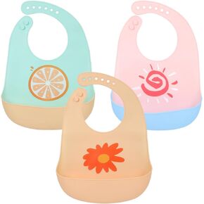 3 Pieces Baby Silicone Bibs, Soft Silicone Feeding Bibs, Waterproof Baby Feeding Bibs with Food Catcher for Toddlers 6 to 48 Months