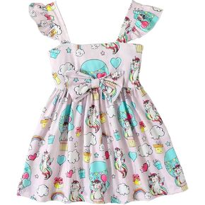 RETSUGO Toddler Girls Dresses Kids Summer Clothes Flutter Sleeve Birthday Party Bowknot Dress Casual Swing Sundress in Kuwait