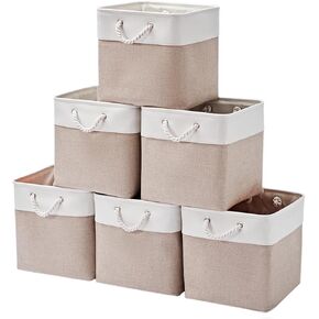 13 x 13 Inch Storage Cubes,6 Pack Cube Storage Bins for Shelves，Fabric Collapsible Storage Bins with Handles, Foldable Storage Basket for Organizing Clothes, Toys, Books (White&Beige)