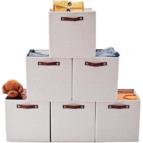 13 x 13 Inch Storage Cubes,6 Pack Cube Storage Bins for Shelves，Fabric Collapsible Storage Bins with Handles, Foldable Storage Basket for Organizing Clothes, Toys, Books (White&Beige)