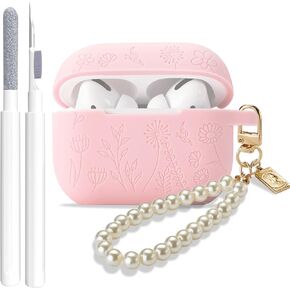 Flower Engraved Case for Airpods Pro 2nd/1st Generation Case Cover with Cleaner Kit, Silicone Skin Airpod Pro Protective Case with Luxury Pearl Keychain for iPods Pro 2/1 Case 2023 2022 2019
