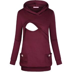 Fall Nursing Shirt Long Sleeve, Breastfeeding Tops Maternity Tops Mama V Neck Double Layers Breastfeeding Hoodie Womens Pregnancy Sweatshirt Boutique Clothing for Autumn House Wear Wine Red XX-Large