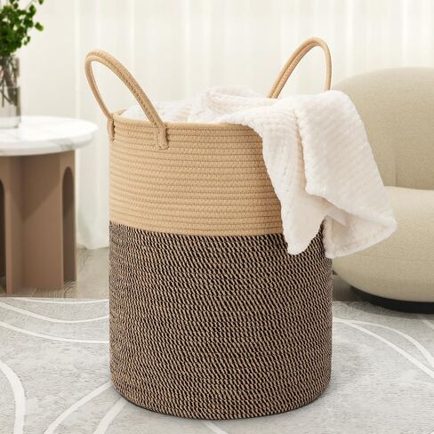 58L Cotton Rope Laundry Basket (20"x15"),Woven Basket for Storage Dirty Clothes Basket for Laundry, Living Room, Nursery, Bedroom Rope Storage Basket for Blankets（Brown） in Kuwait