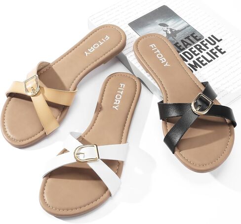 FITORY Women's Flat Sandals Fashion Round Open Toe X-Shaped Cross Upper Slippers Summer Black Size 6-11 in Saudi Arabia