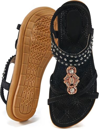 Ecetana Womens Flats Sandals Summer: Casual Dressy Boho Comfortable Sandals Ankle Strap Non slip Rhinestone Shoes in Kuwait