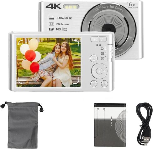 كاميرا رقمية للأطفال بدقة 4K بدقة 48 ميجابكسل للمراهقين، كاميرات فيديو صغيرة محمولة صغيرة الحجم مقاس 2.8 بوصة مع تقريب رقمي 16X، للأطفال والبنات والأولاد (فضي) in Saudi Arabia