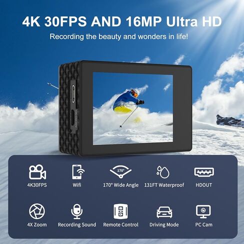 Waterproof 4K Action Camera Underwater 131FT, 4K 30FPS 16MP WiFi Ultra HD Video Camera for Vlogging Recording, Anti-shake Digital Sports Camera for Photography, Remote Control 4xZoom,170°Wide Angle in Kuwait