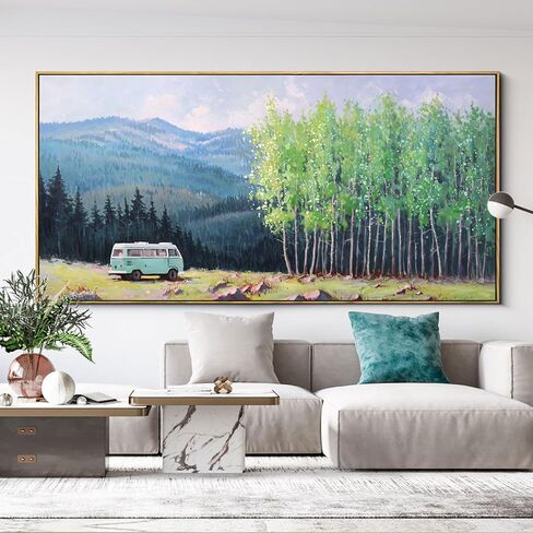XLSJERST Blue Tree Canvas Wall Art Forest Landscape Picture Modern Birch Trees Nature Teal Abstract Painting Artwork Large Size Framed for Home Office Living Room Bedroom Wall Decor - 24x48 Inhes in Saudi Arabia