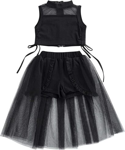 Toddler Girls Sleeveless Mesh Crop Tops + Maxi Black Ruffled Tulle Skirts Dress Summer Kids Clothing Sets in Kuwait